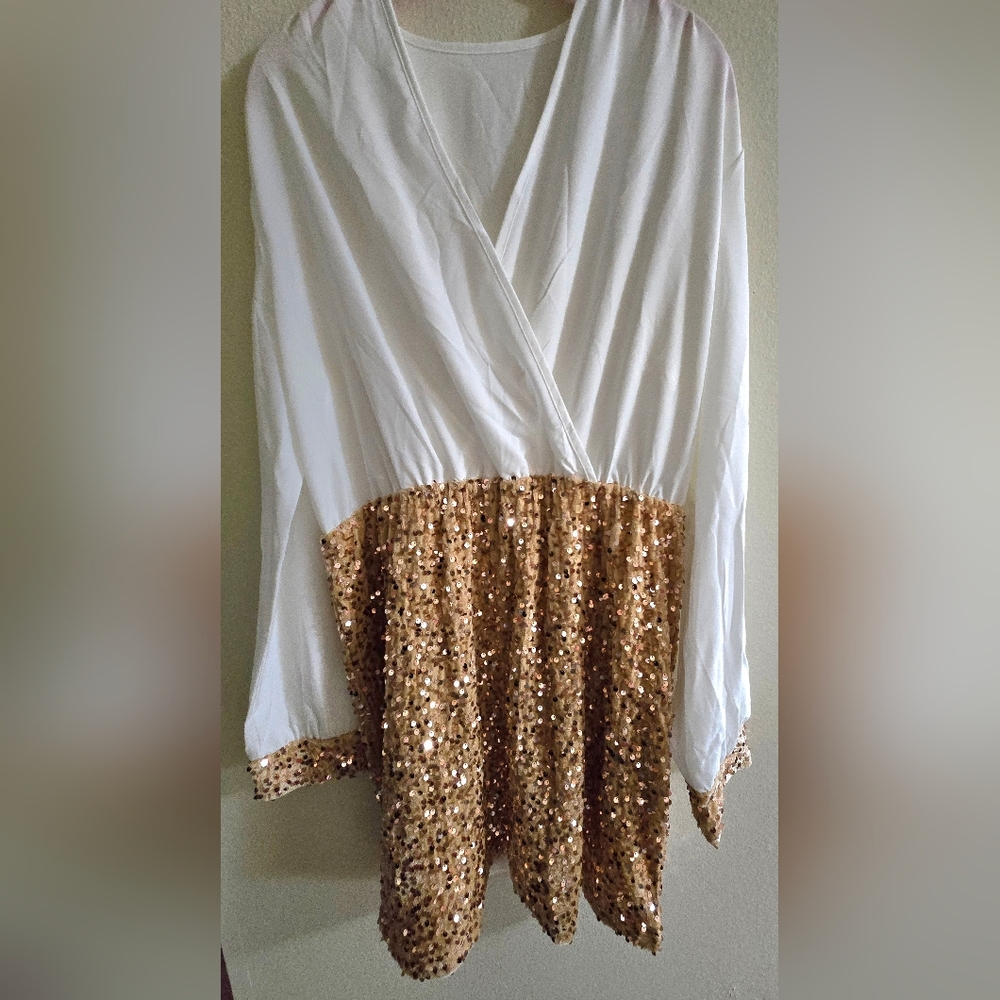 Elegant White and Gold Sequin Women's Dress